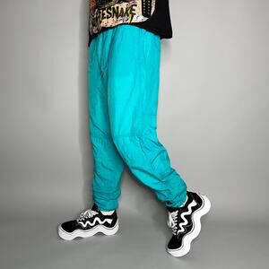 Vintage 90s Track Pants Mens L Turquoise Nylon Joggers Ankle Zippers to Flare